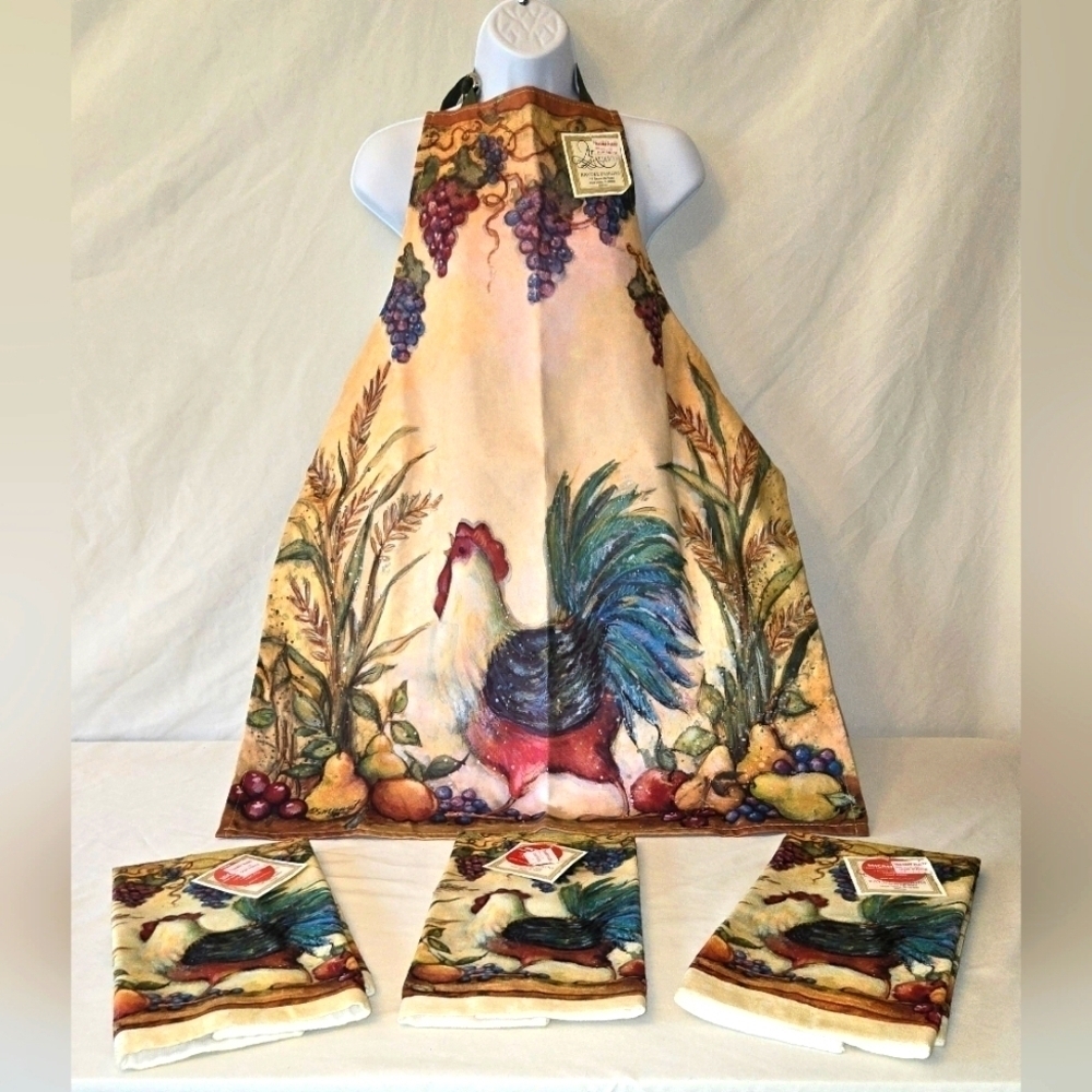 NWT Kay Dee Designs Vintage Rooster Apron with 3 Matching Dish Towels / OSFM